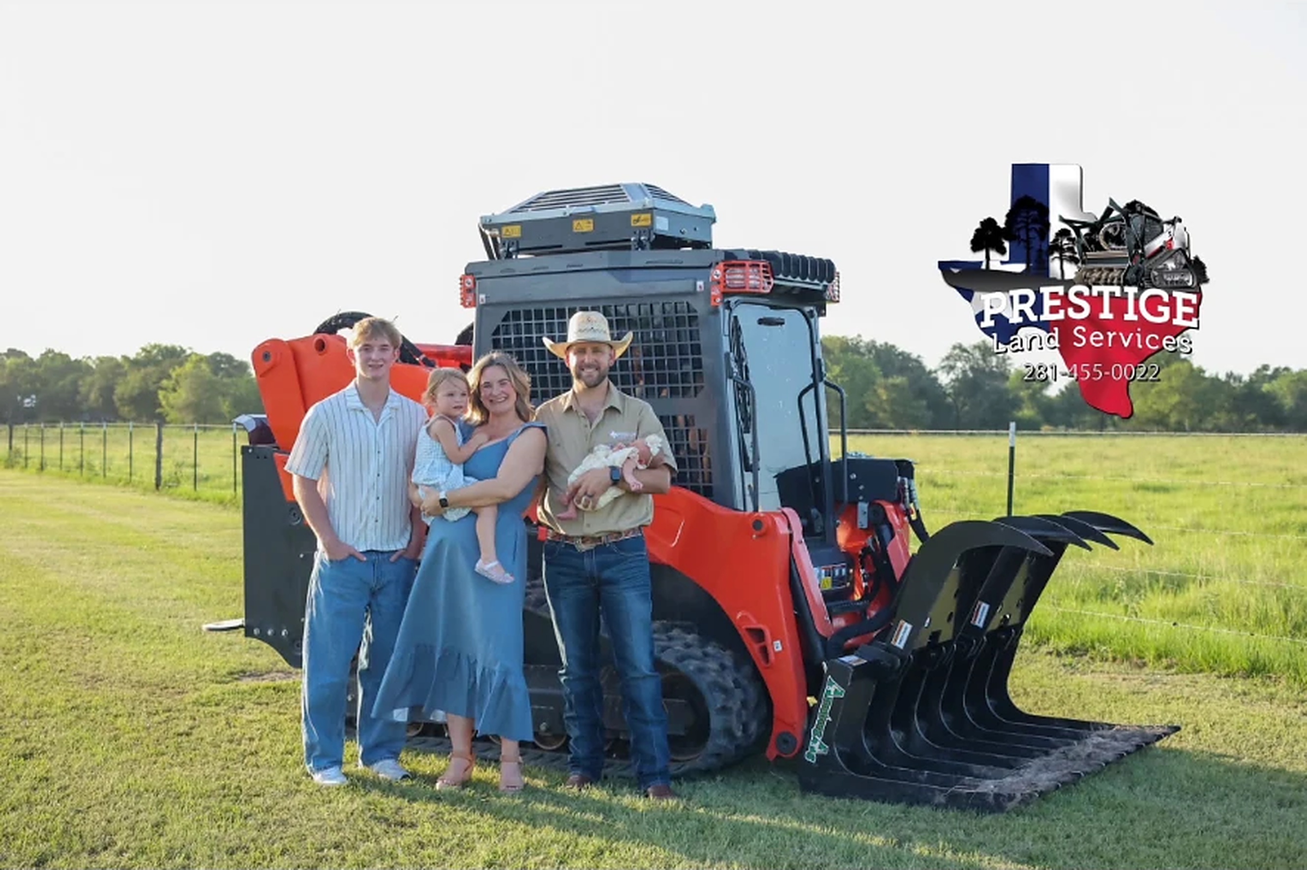The family behind Prestige Land Services standing with their Kubota track loader and forestry mulching attachment in Sealy, Texas